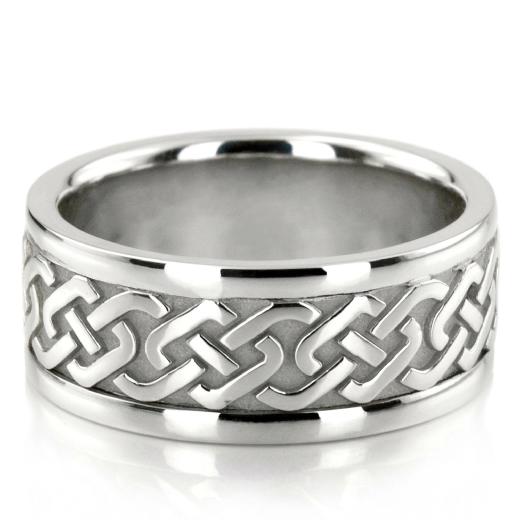 10K white gold 9mm. high polish hand-made-celtic-wedding-band - main view