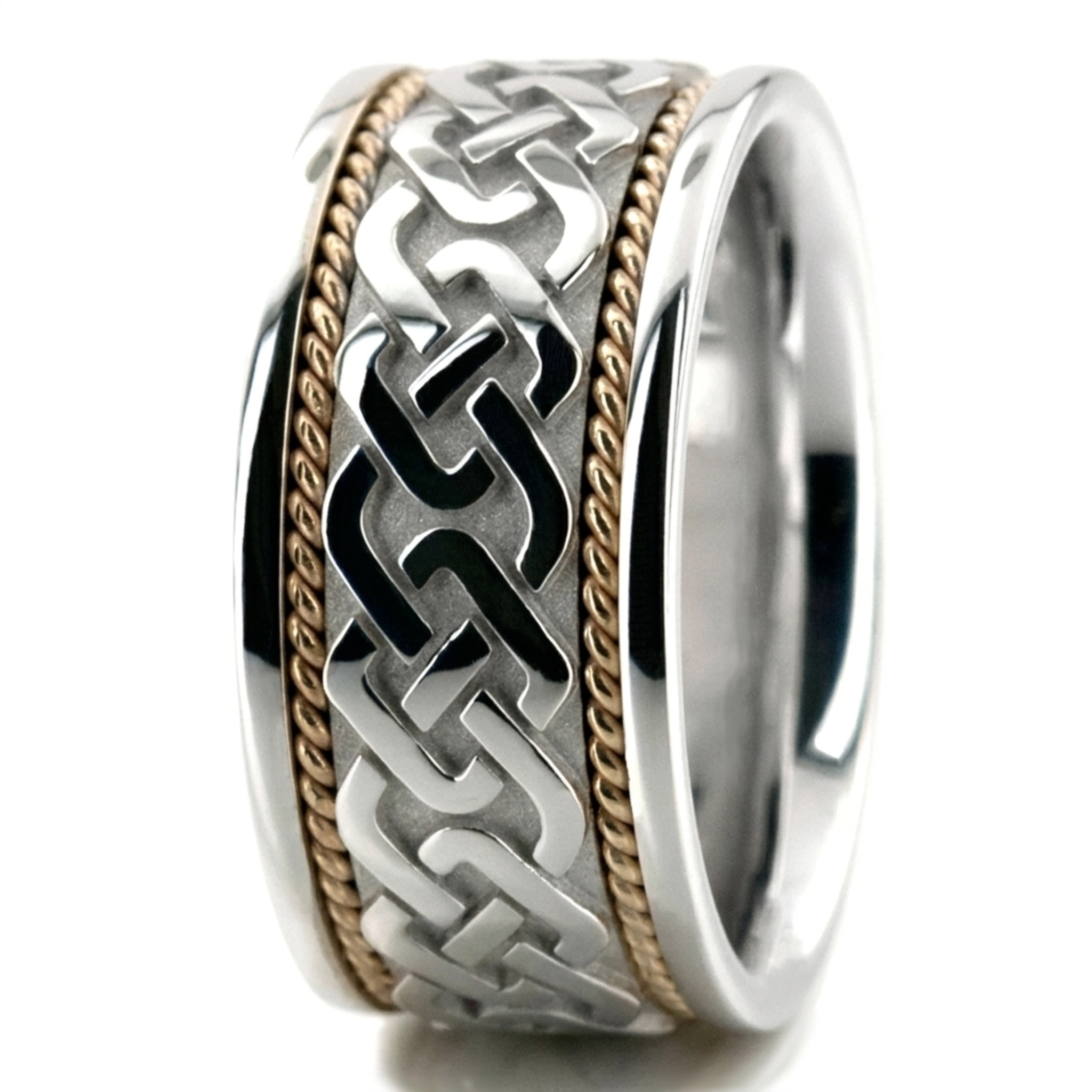 10K w-y-w-y-w gold 10.5mm. high polish hand-made-celtic-wedding-band - alternate view 7