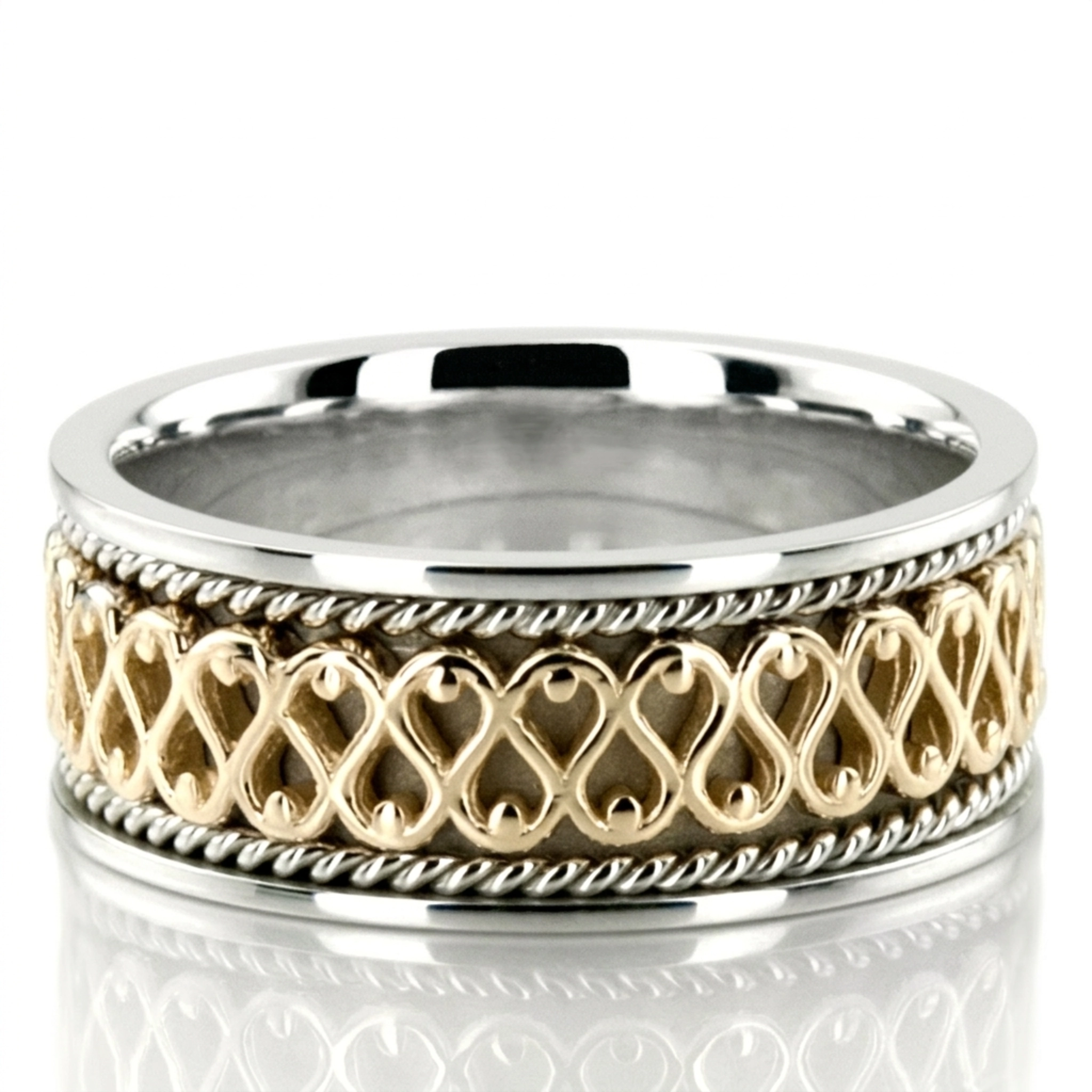 18K white-yellow-white gold 8.5mm. high polish hand-made-celtic-wedding-band - main view
