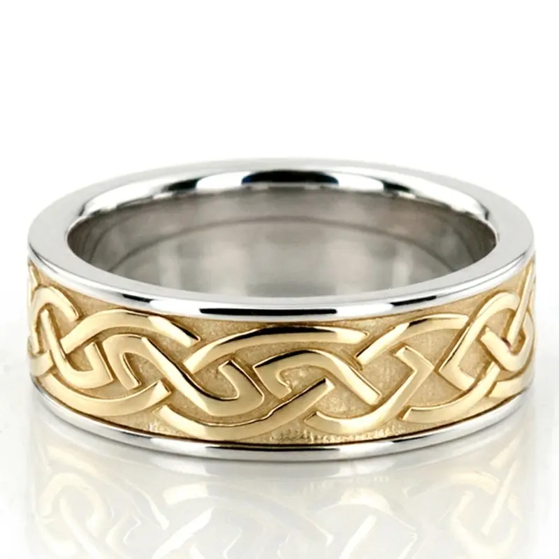 14K white-yellow-white gold 7.5mm. high polish hand-made-celtic-wedding-band - alternate view 2