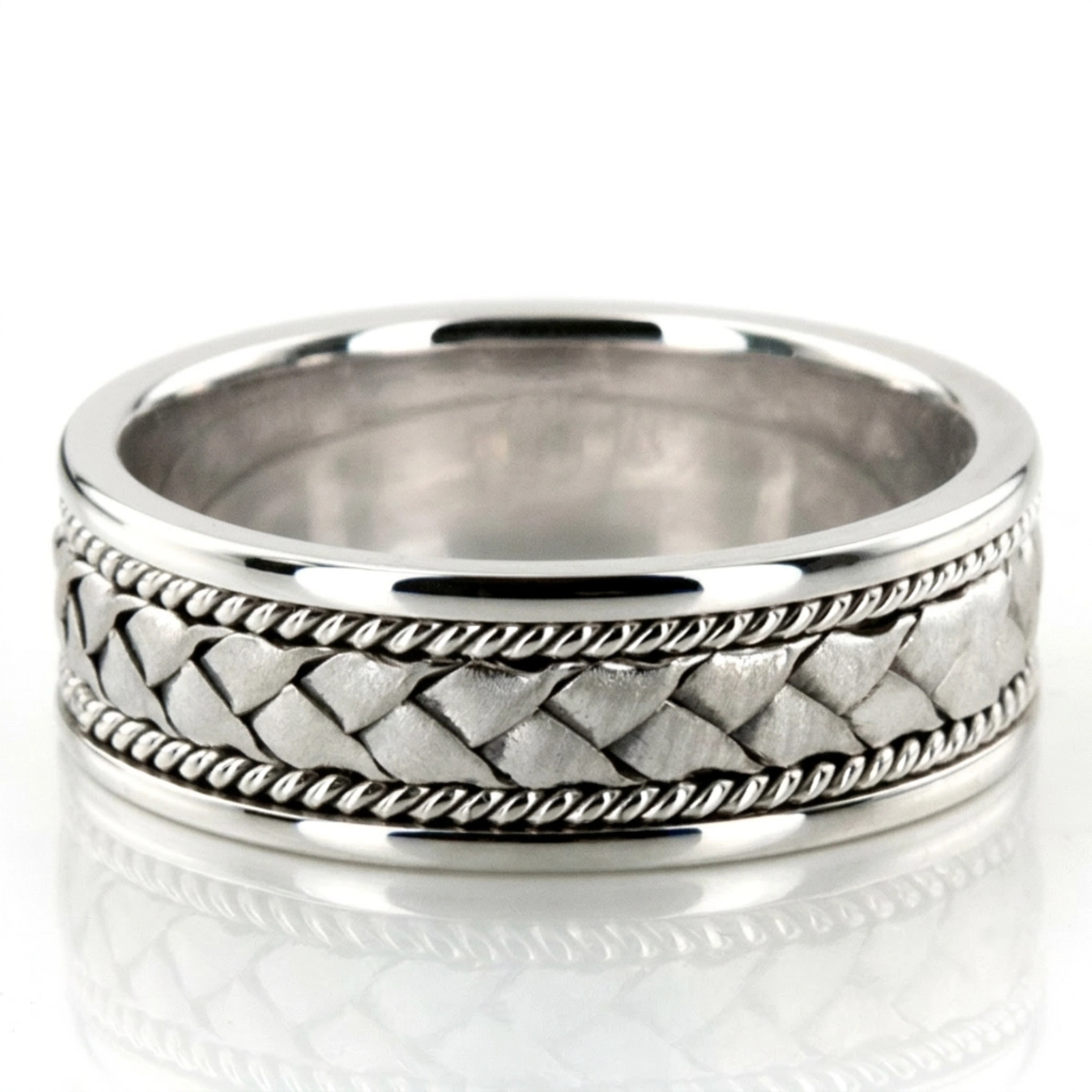 10K white gold 7mm. cross satin hand-made-wedding-band - main view