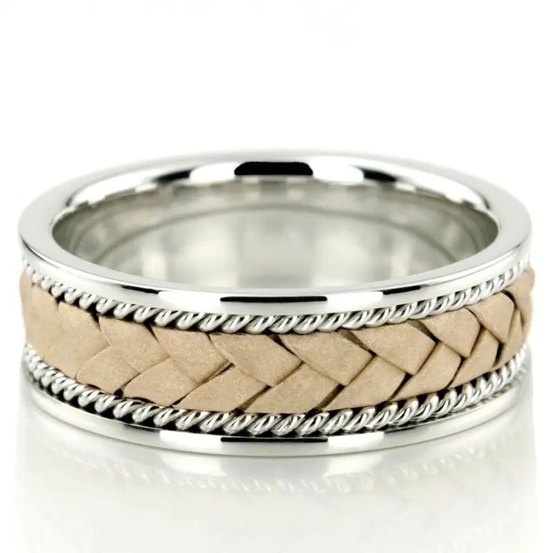 14K white-yellow-white gold 7mm. cross satin hand-made-wedding-band - alternate view 3