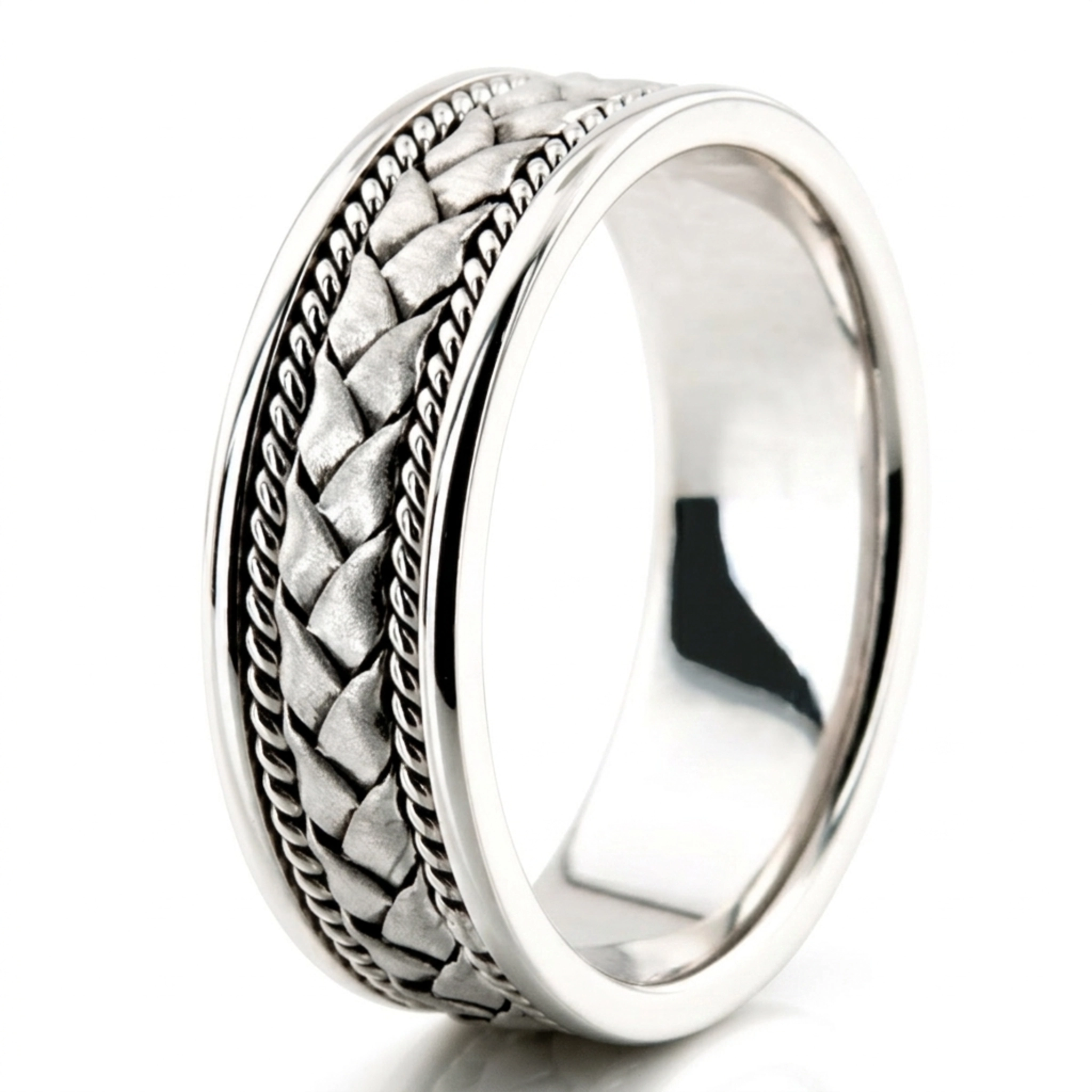10K white gold 7mm. cross satin hand-made-wedding-band - alternate view 4