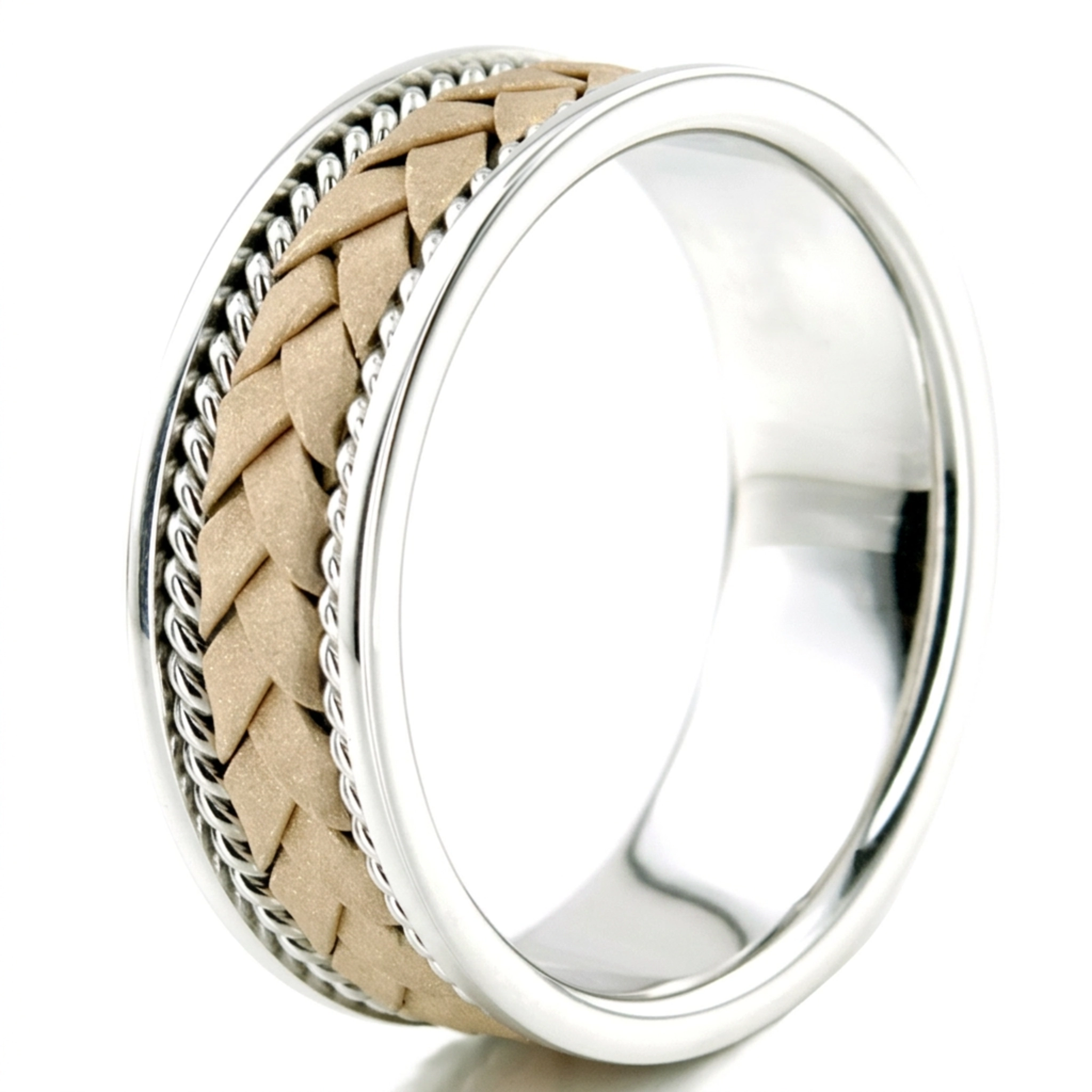 10K white-yellow-white gold 7mm. cross satin hand-made-wedding-band - alternate view 6