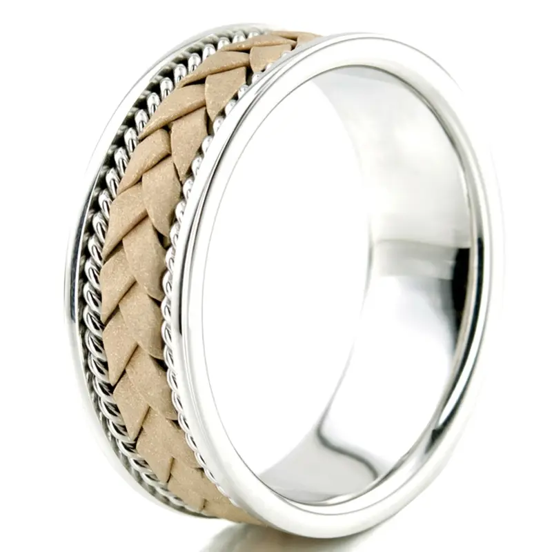 14K white-yellow-white gold 7mm. cross satin hand-made-wedding-band - alternate view 6