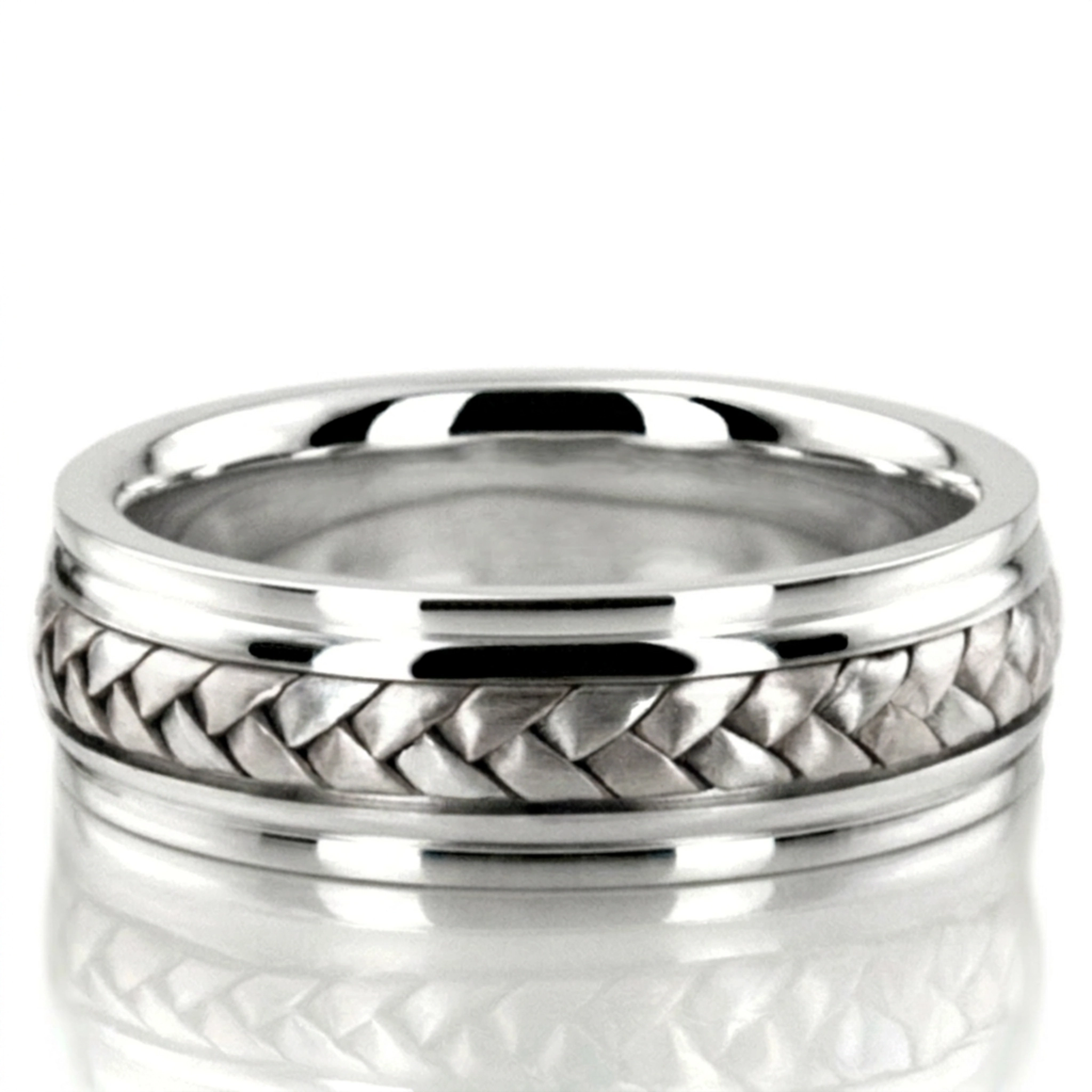 10K white gold 6mm. satin hand-made-hand-woven-wedding-band - main view
