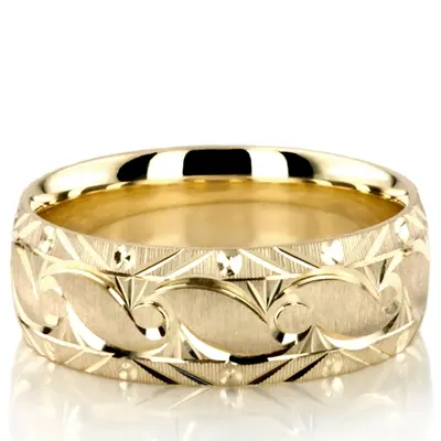 10K yellow gold 8mm. cross satin fancy-carved-diamond-cut-wedding-ring - alternate view 4 thumbnail