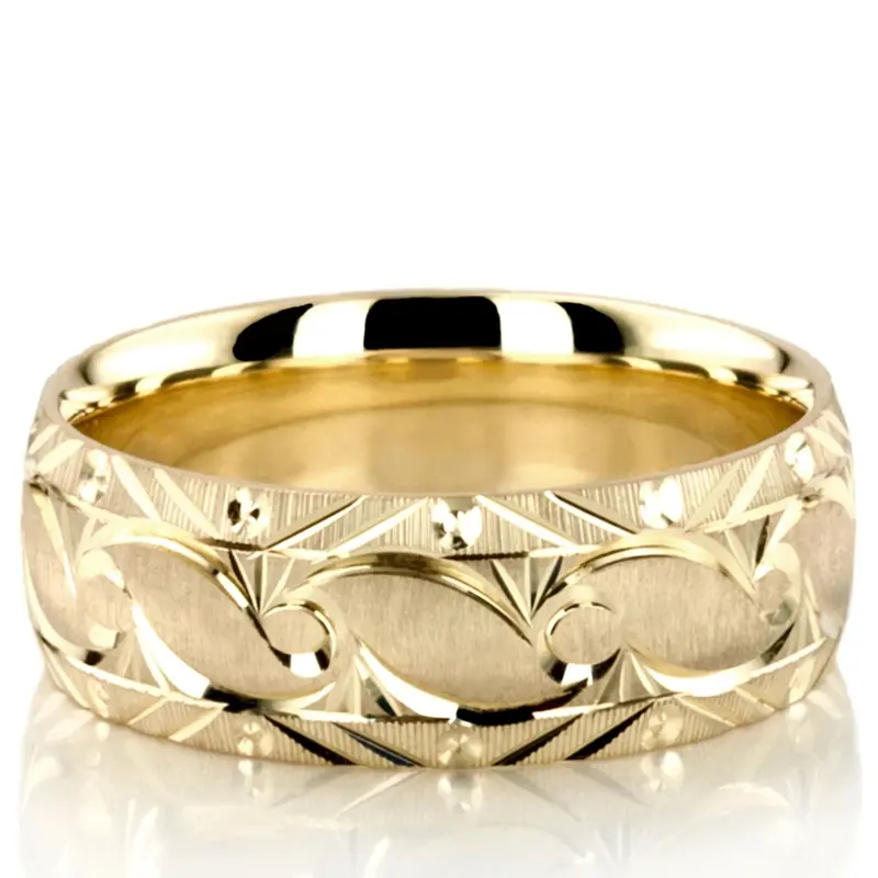 10K yellow gold 8mm. cross satin fancy-carved-diamond-cut-wedding-ring - alternate view 4