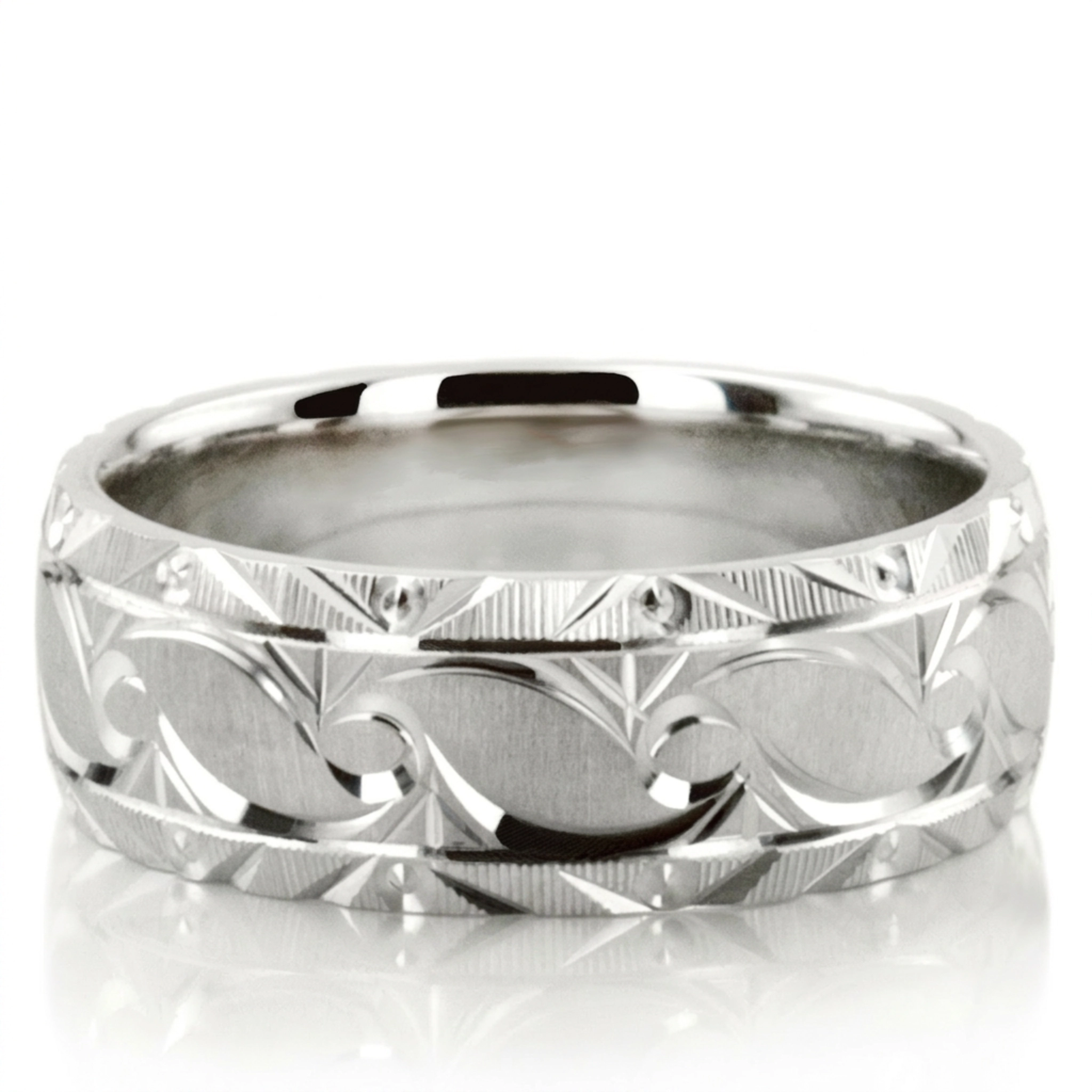 10K white gold 8mm. cross satin fancy-carved-diamond-cut-wedding-ring - alternate view 3