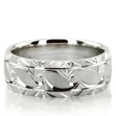 10K white gold 8mm. cross satin fancy-carved-diamond-cut-wedding-ring - alternate view 3 thumbnail