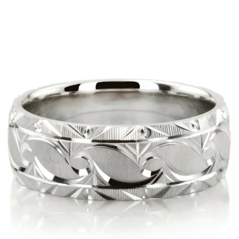 10K white gold 8mm. cross satin fancy-carved-diamond-cut-wedding-ring - alternate view 3