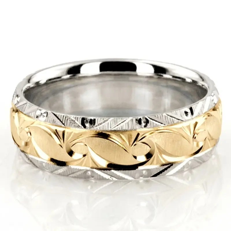 10K white-yellow-white gold 7mm. cross satin fancy-carved-diamond-cut-wedding-ring - alternate view 2