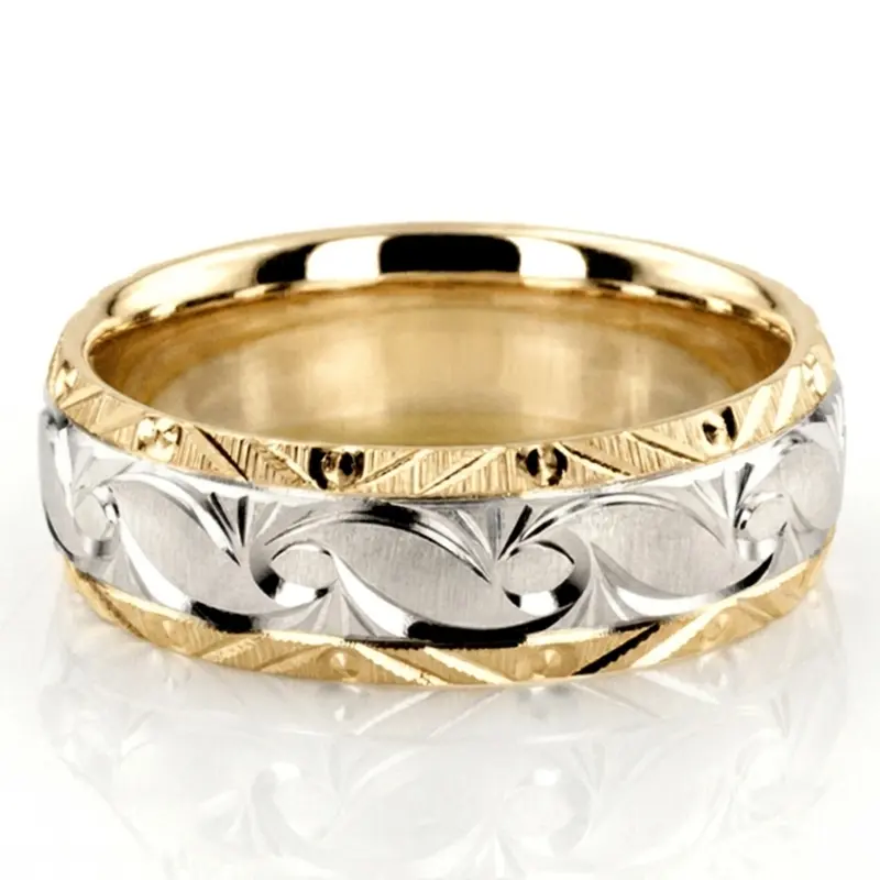 10K yellow-white-yellow gold 7mm. cross satin fancy-carved-diamond-cut-wedding-ring - main view