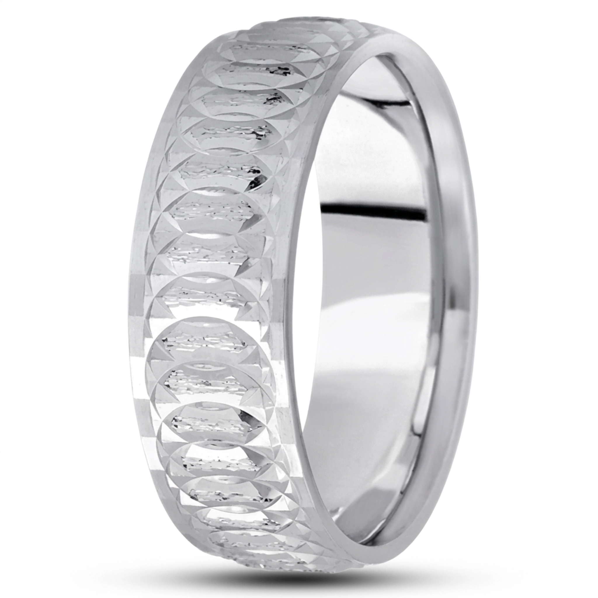 10K white gold 7mm. stone finish diamond-cut-fancy-carved-wedding-band - alternate view 6