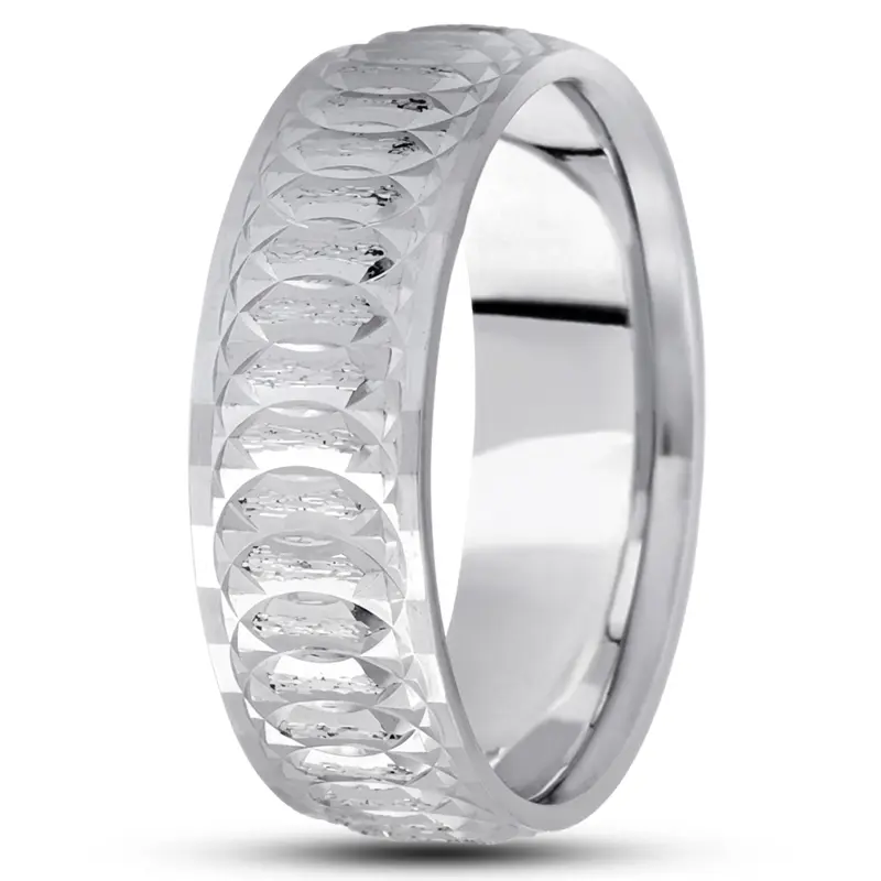 14K white gold 7mm. stone finish diamond-cut-fancy-carved-wedding-band - alternate view 6