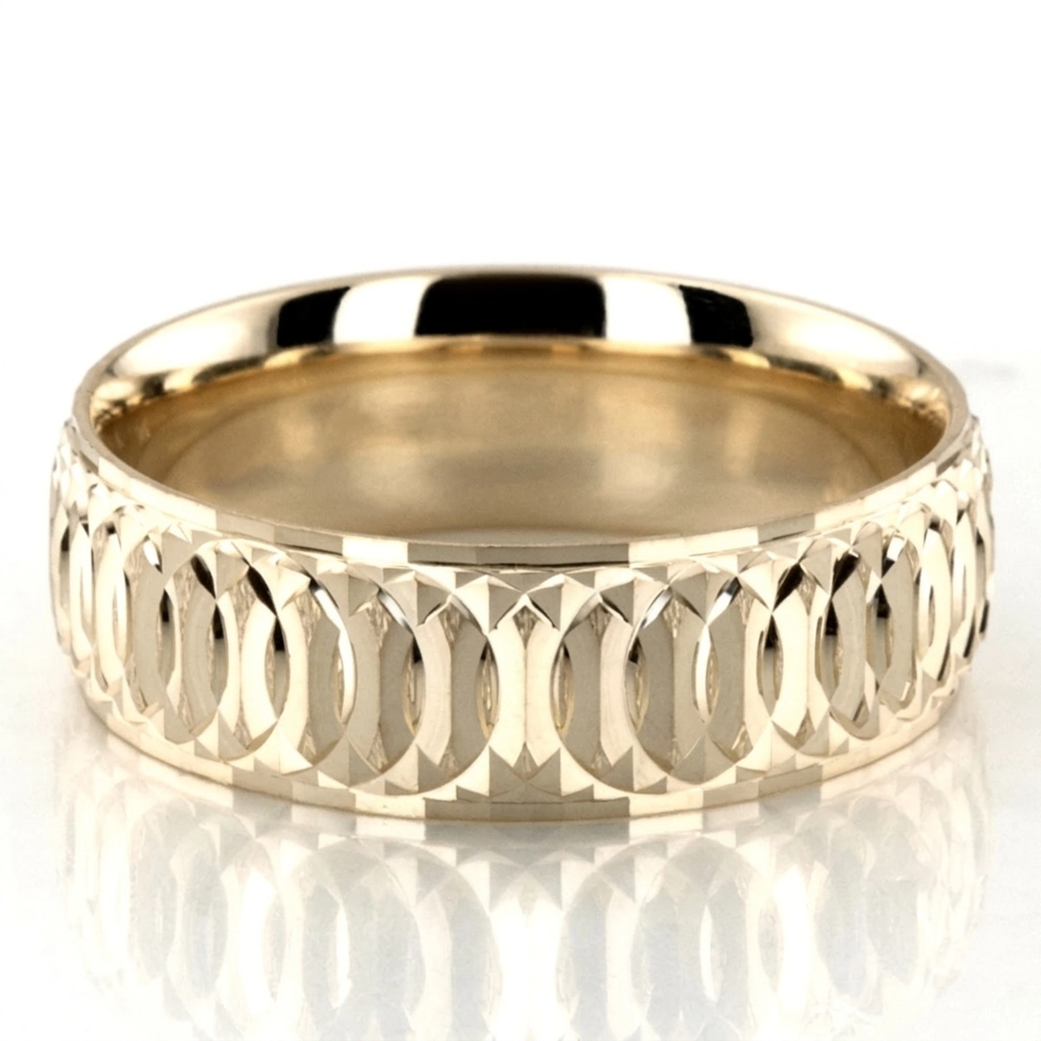 10K yellow gold 7mm. stone finish diamond-cut-fancy-carved-wedding-band - alternate view 4
