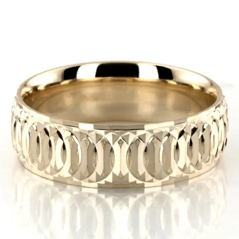14K yellow gold 7mm. stone finish diamond-cut-fancy-carved-wedding-band - alternate view 4