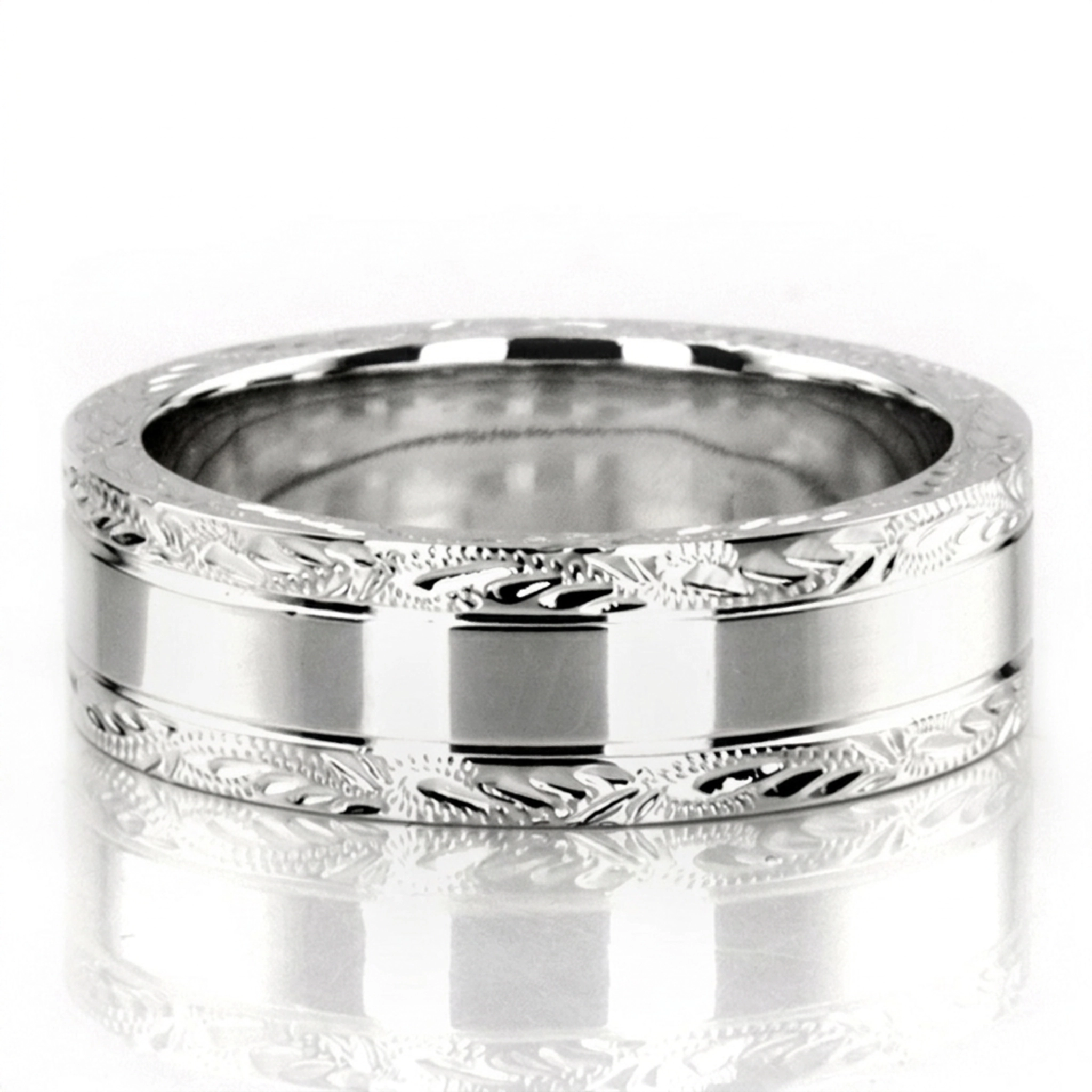 10K white gold 6mm. high polish fancy-carved-hand-engraved-wedding-band - alternate view 2