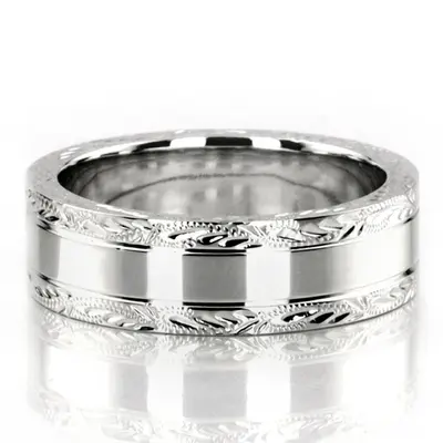 10K white gold 6mm. high polish fancy-carved-hand-engraved-wedding-band - alternate view 2 thumbnail