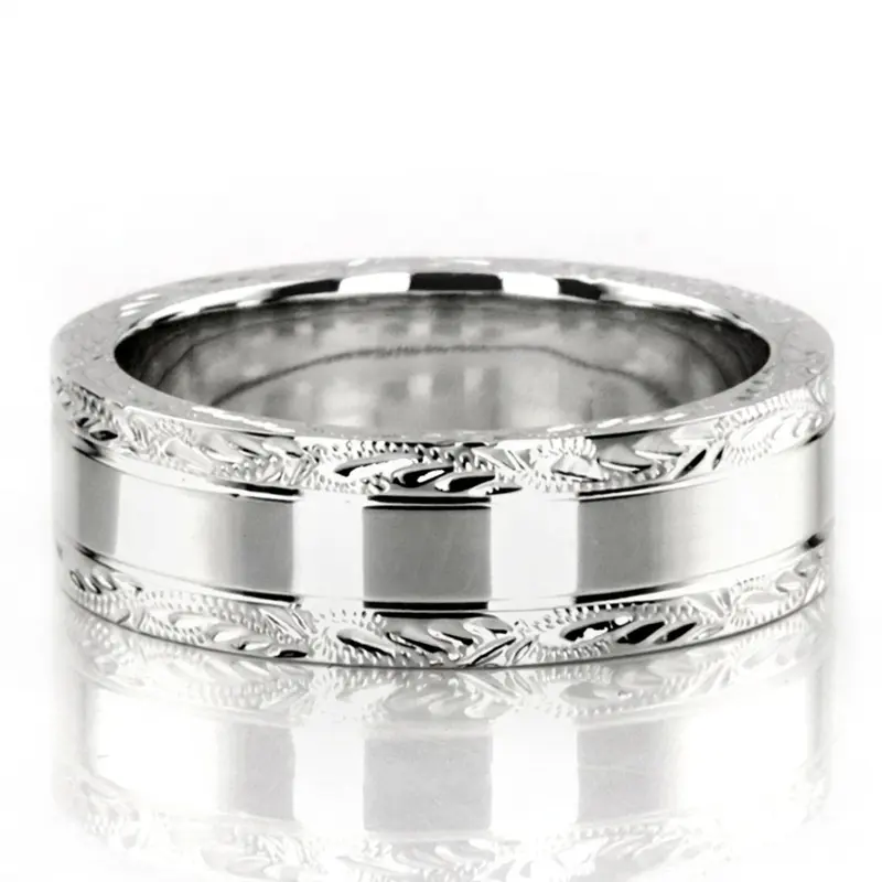 18K white gold 6mm. high polish fancy-carved-hand-engraved-wedding-band - main view