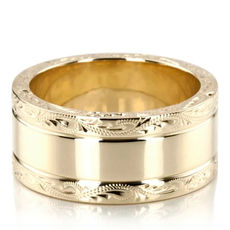 18K yellow gold 10mm. high polish fancy-carved-hand-engraved-wedding-band - alternate view 7