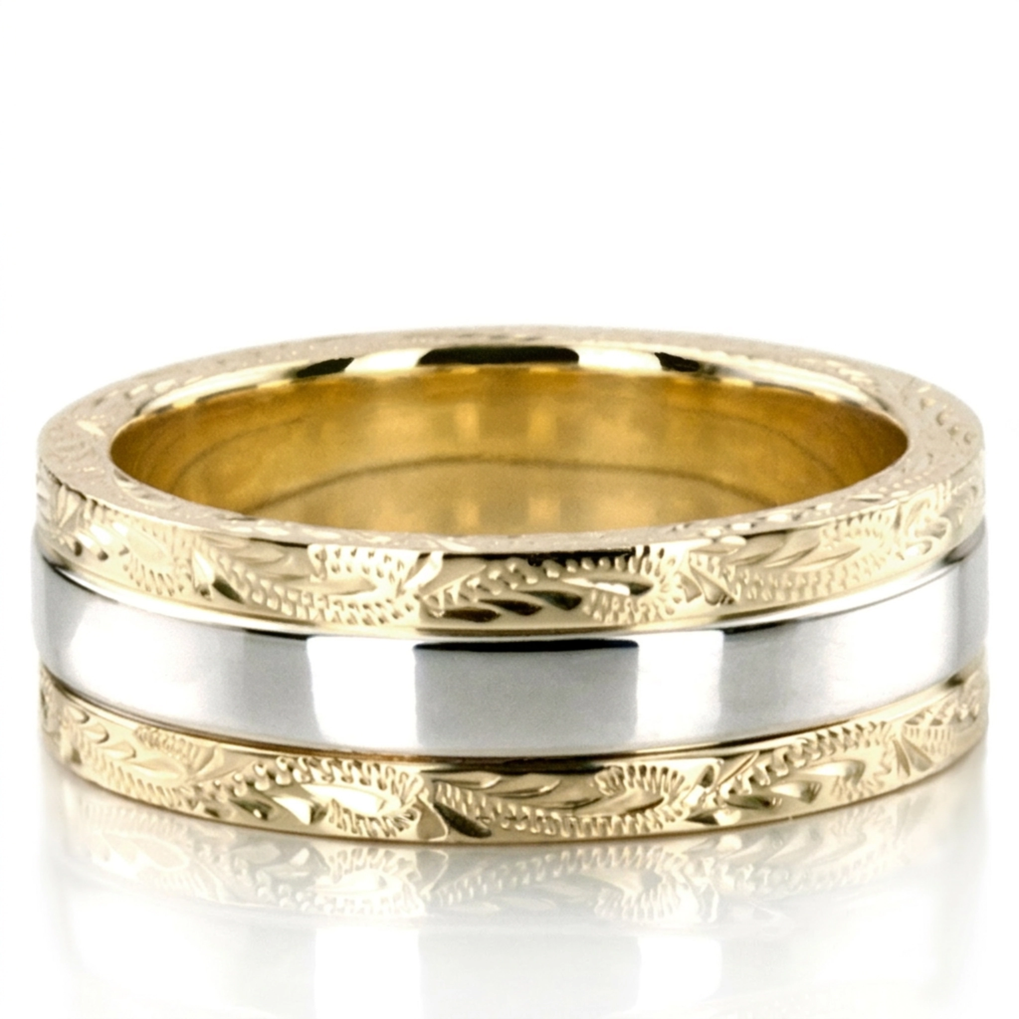 10K yellow-white-yellow gold 7mm. high polish fancy-carved-hand-engraved-wedding-band - alternate view 3
