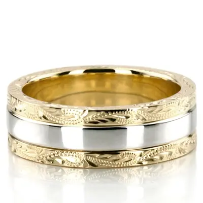 10K yellow-white-yellow gold 7mm. high polish fancy-carved-hand-engraved-wedding-band - alternate view 3 thumbnail