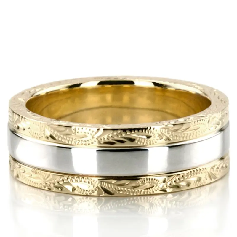 18K yellow-white-yellow gold 7mm. high polish fancy-carved-hand-engraved-wedding-band - alternate view 2