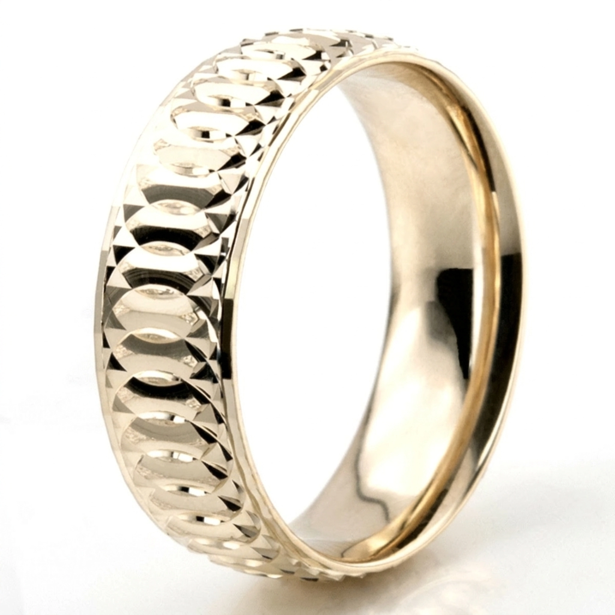 10K yellow gold 7mm. stone finish diamond-cut-fancy-carved-wedding-band - alternate view 9