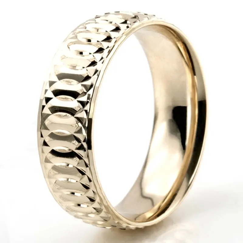14K yellow gold 7mm. stone finish diamond-cut-fancy-carved-wedding-band - alternate view 9