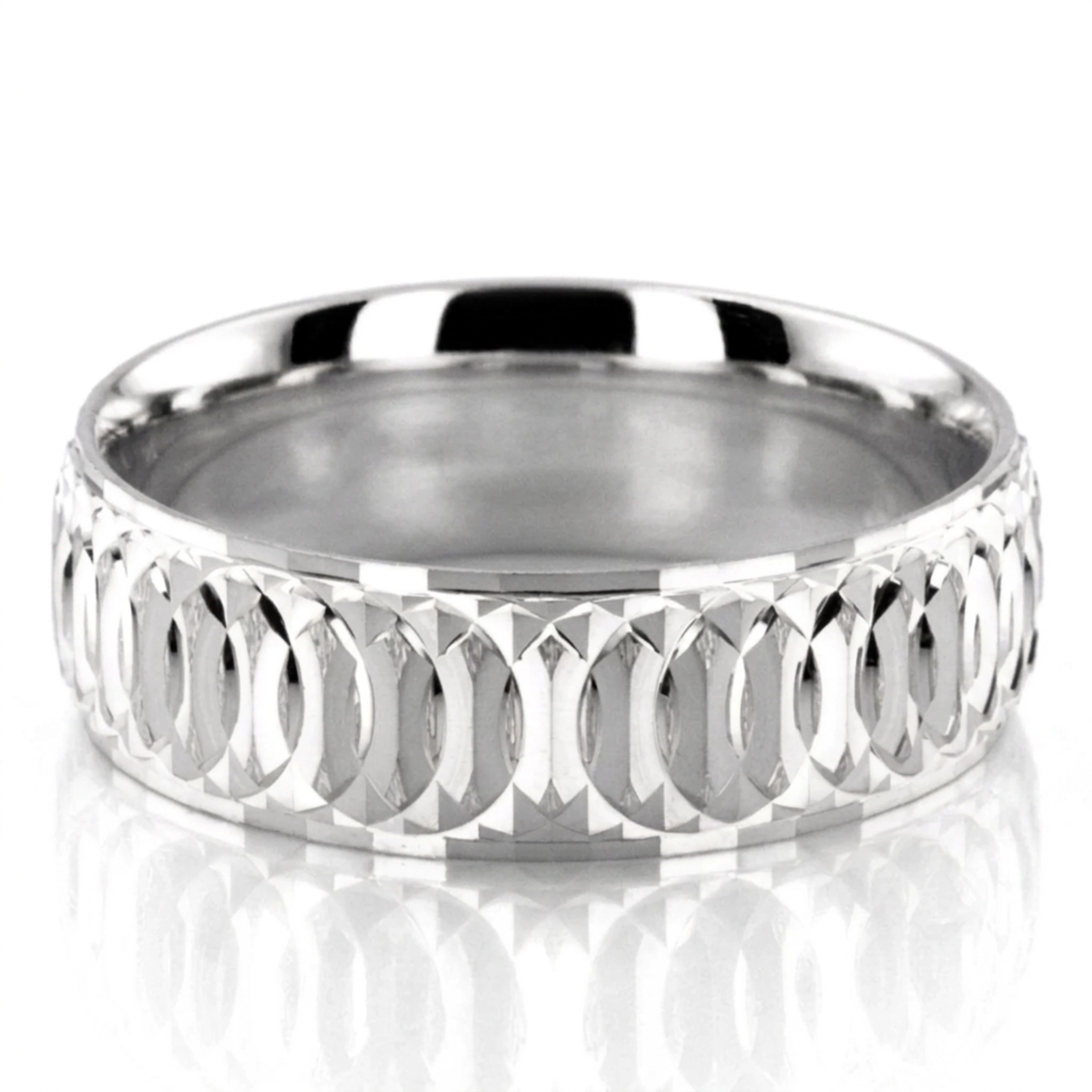 10K white gold 7mm. stone finish diamond-cut-fancy-carved-wedding-band - main view