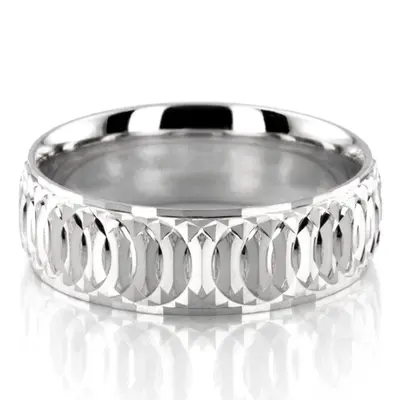 10K white gold 7mm. stone finish diamond-cut-fancy-carved-wedding-band - main view thumbnail