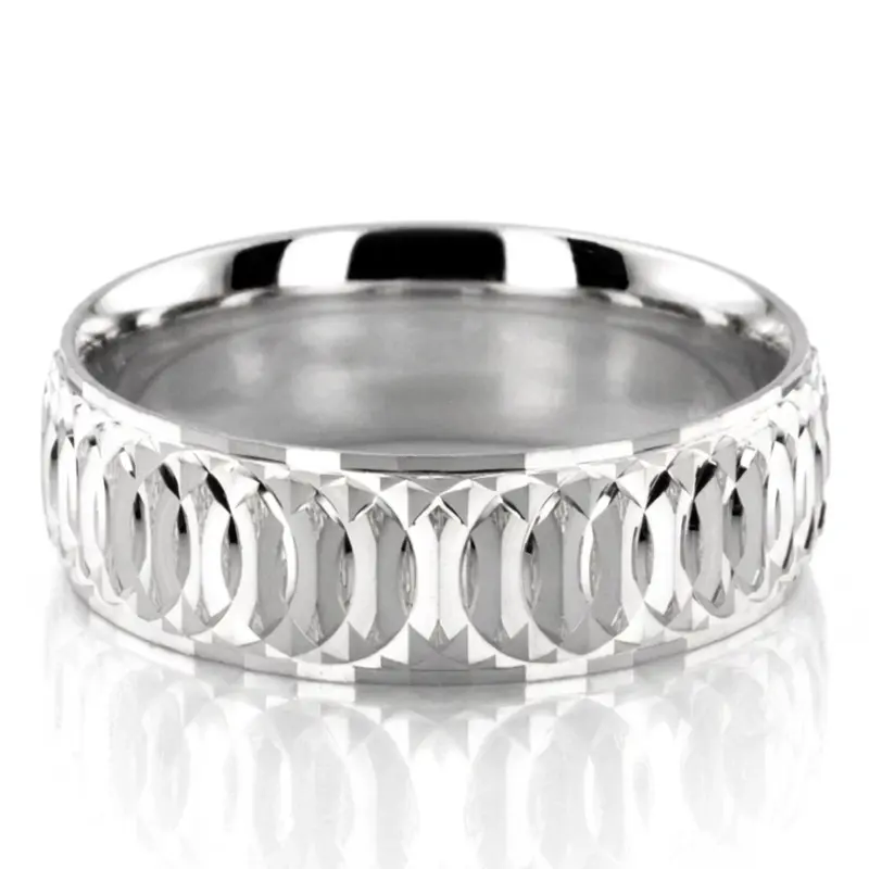 14K white gold 7mm. stone finish diamond-cut-fancy-carved-wedding-band - alternate view 2