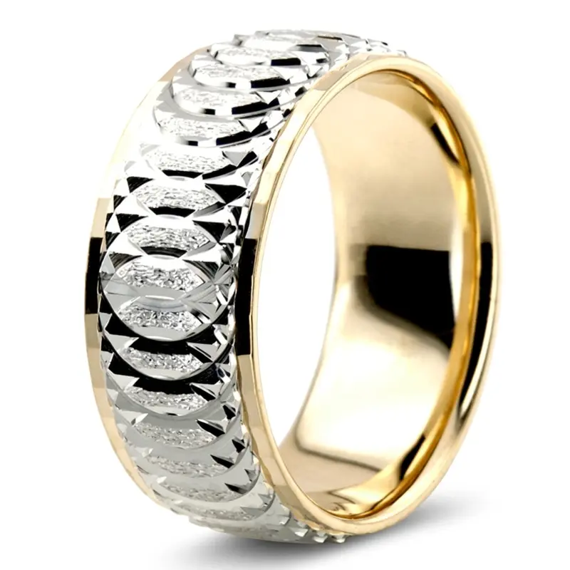 14K yellow-white-yellow gold 8mm. stone finish diamond-cut-fancy-carved-wedding-band - alternate view 8