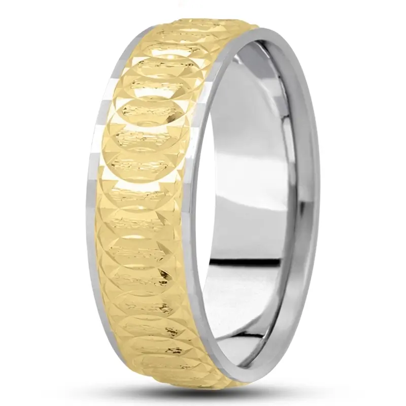 14K white-yellow-white gold 7mm. stone finish diamond-cut-fancy-carved-wedding-band - alternate view 10