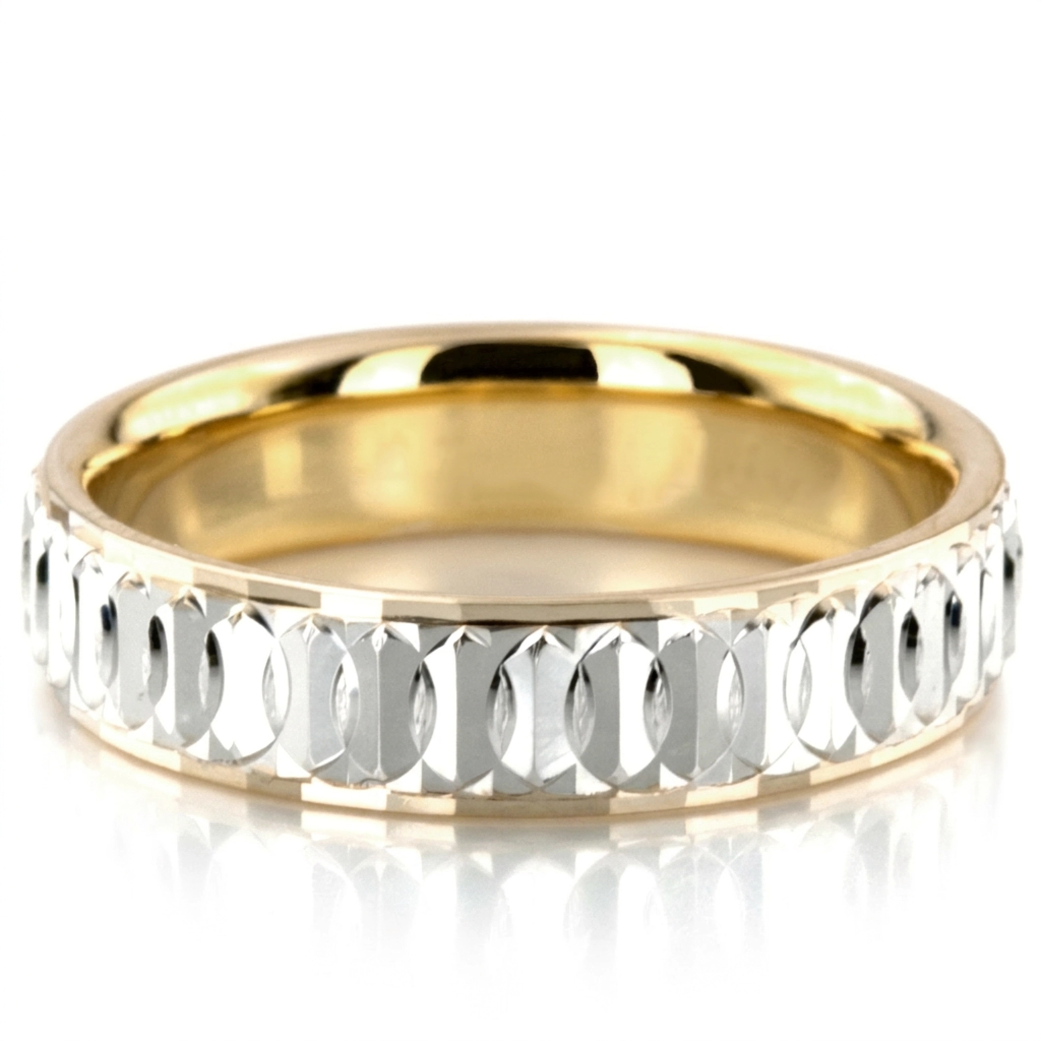 10K yellow-white-yellow gold 5mm. stone finish diamond-cut-fancy-carved-wedding-band - alternate view 5