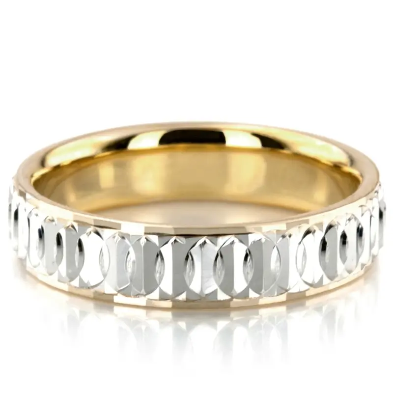 14K yellow-white-yellow gold 5mm. stone finish diamond-cut-fancy-carved-wedding-band - alternate view 5