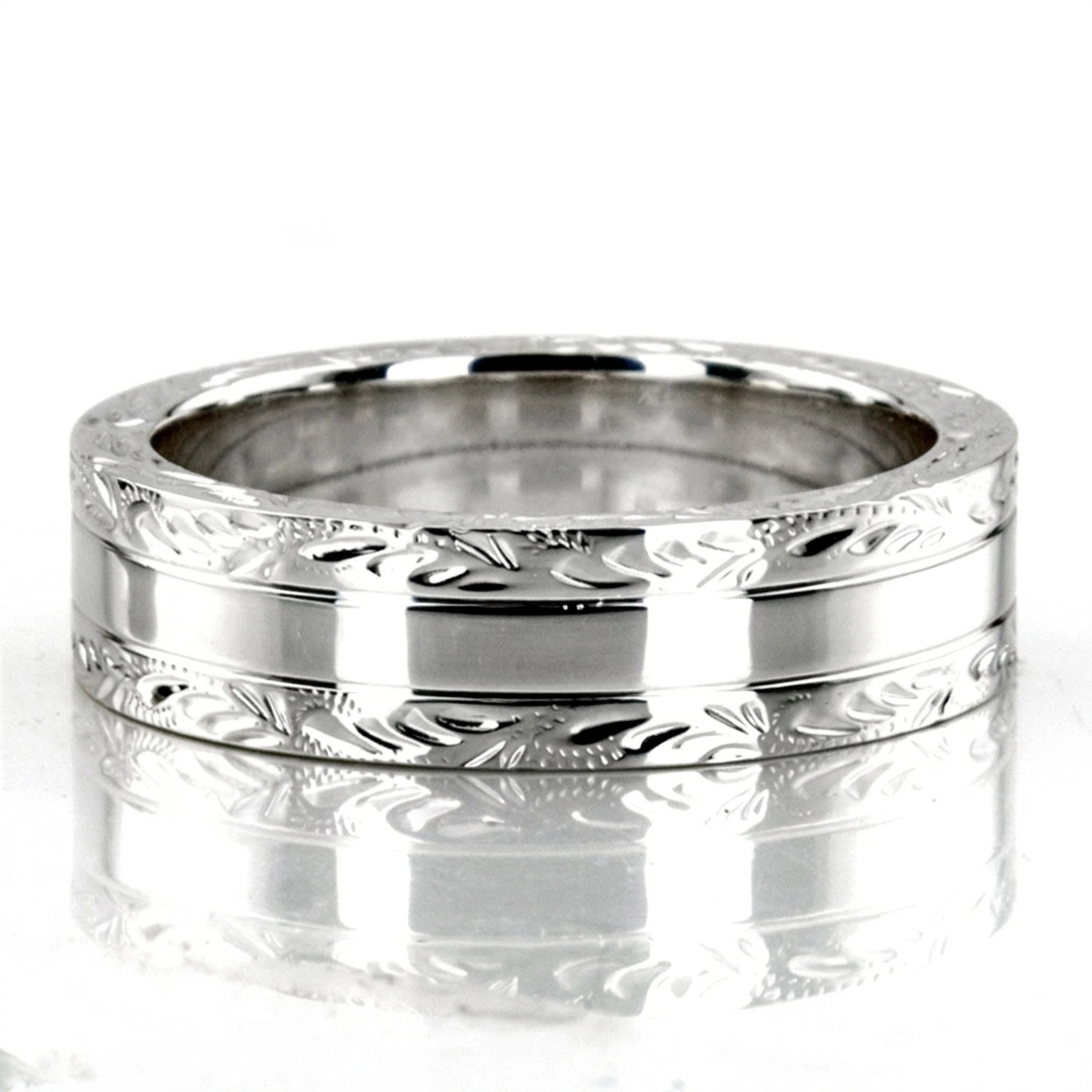 10K white gold 4mm. high polish fancy-carved-hand-engraved-wedding-band - alternate view 7