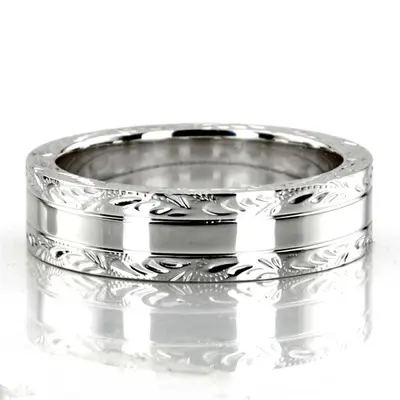 10K white gold 4mm. high polish fancy-carved-hand-engraved-wedding-band - alternate view 7 thumbnail