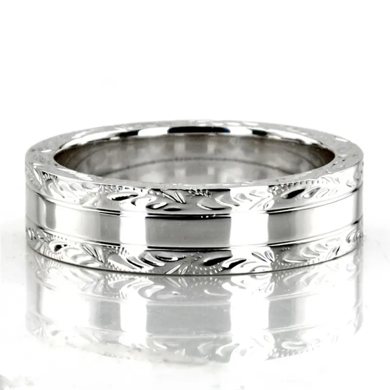 18K white gold 4mm. high polish fancy-carved-hand-engraved-wedding-band - alternate view 6