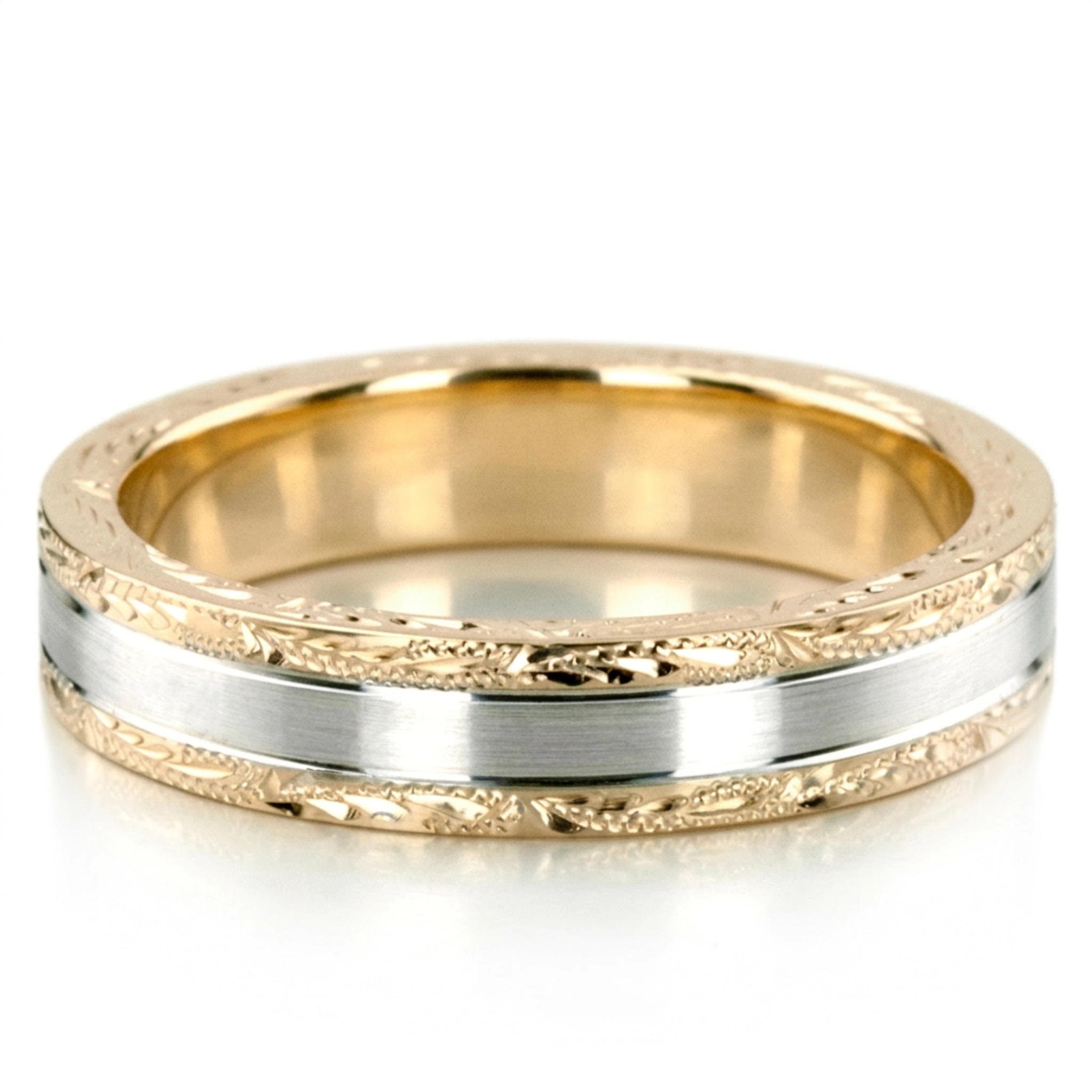 10K yellow-white-yellow gold 4mm. satin fancy-carved-hand-engraved-wedding-band - alternate view 6