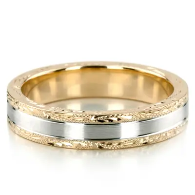 10K yellow-white-yellow gold 4mm. satin fancy-carved-hand-engraved-wedding-band - alternate view 6 thumbnail