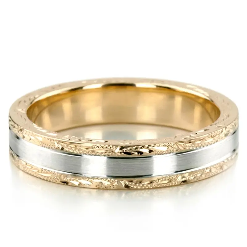 18K yellow-white-yellow gold 4mm. satin fancy-carved-hand-engraved-wedding-band - alternate view 5
