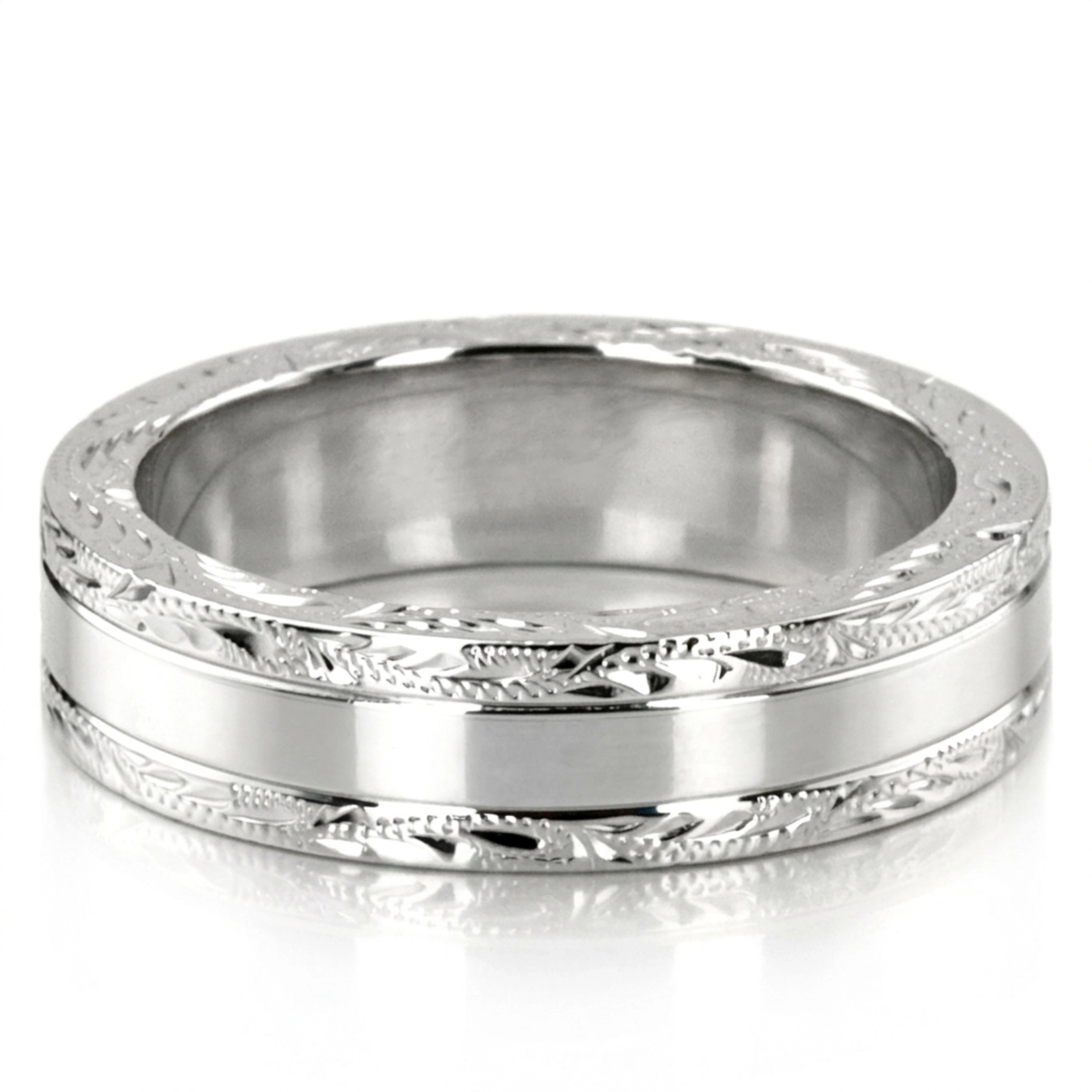 10K white gold 5mm. high polish fancy-carved-hand-engraved-wedding-band - main view