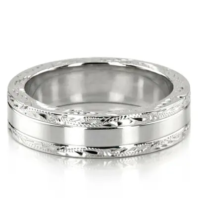 10K white gold 5mm. high polish fancy-carved-hand-engraved-wedding-band - main view thumbnail