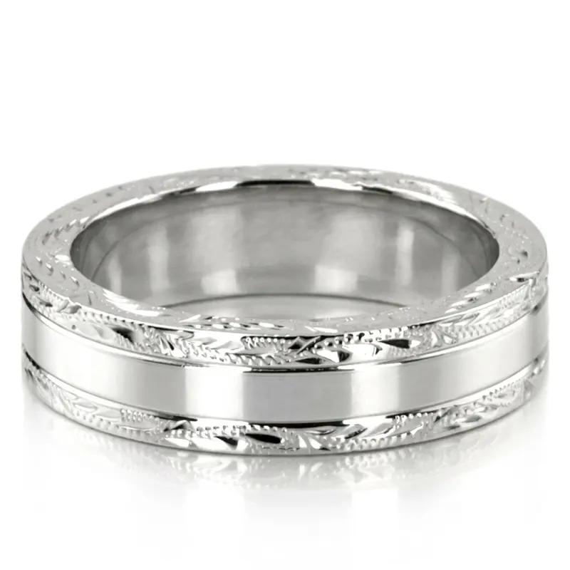 18K white gold 5mm. high polish fancy-carved-hand-engraved-wedding-band - alternate view 8
