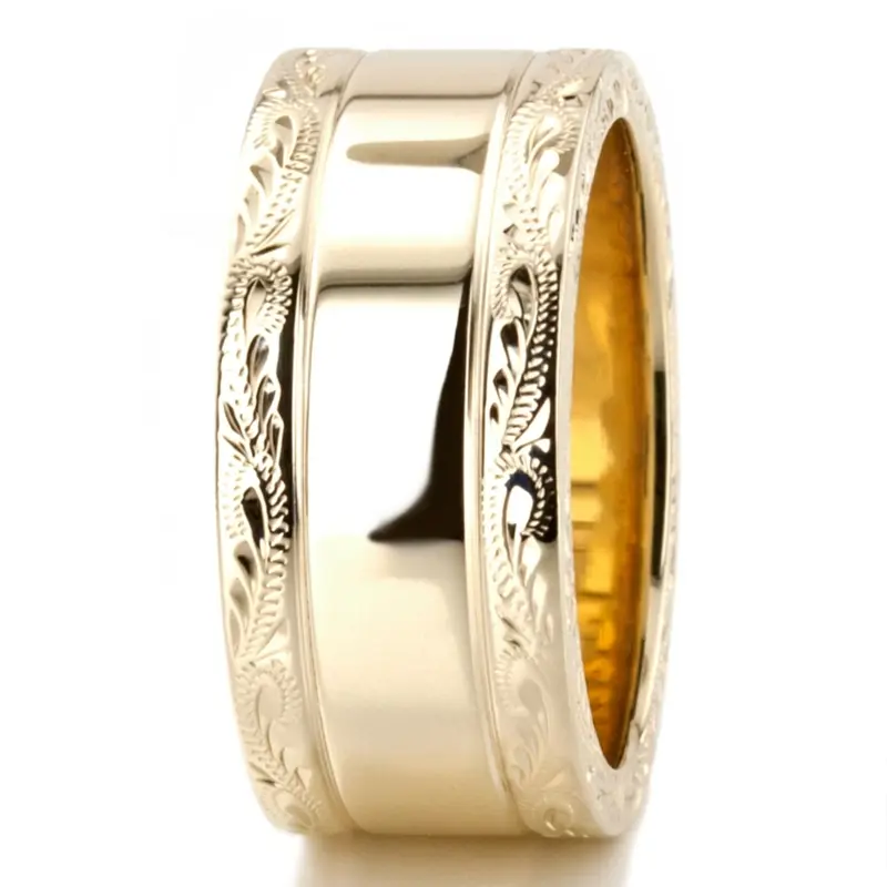 18K yellow gold 10mm. high polish fancy-carved-hand-engraved-wedding-band - alternate view 9