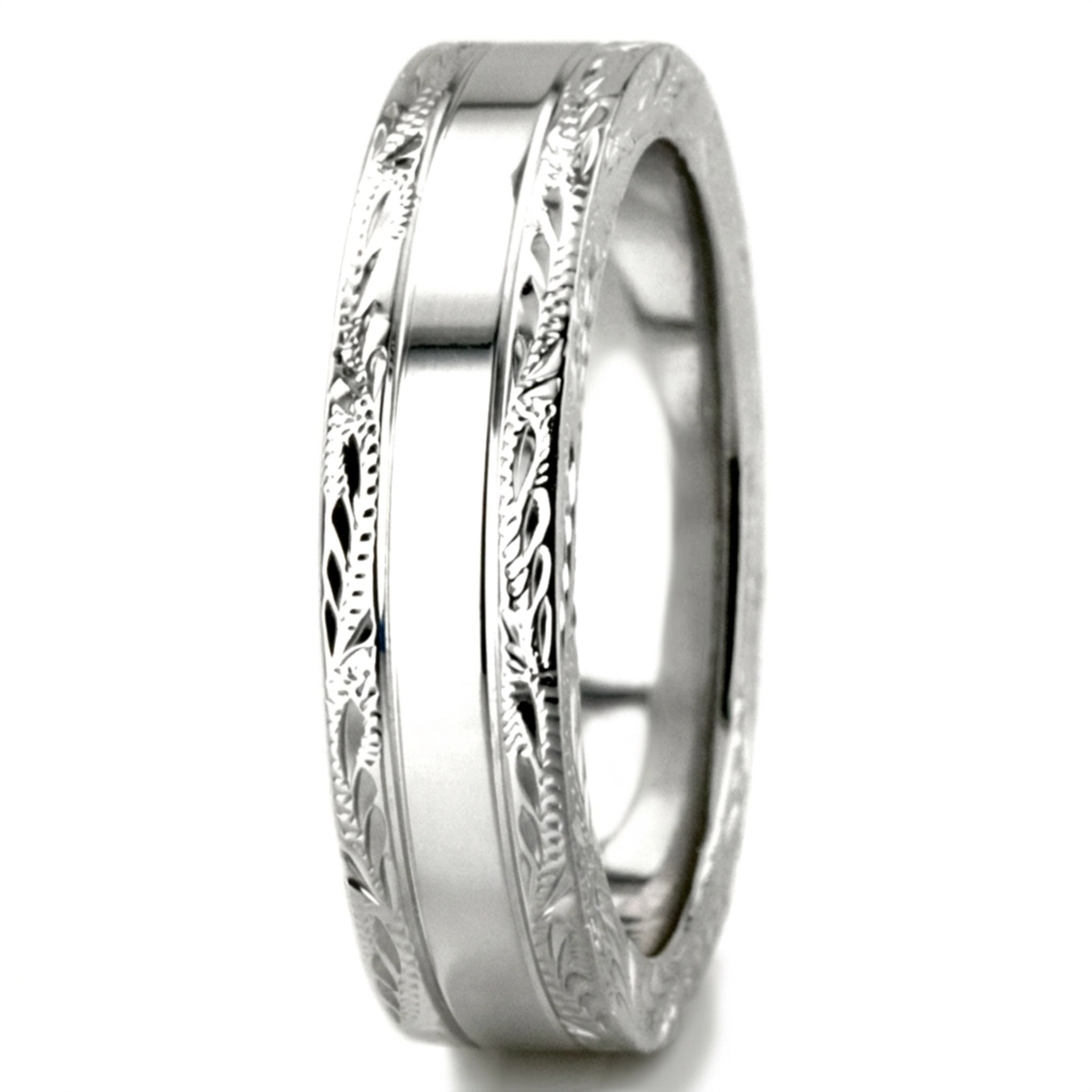 10K white gold 5mm. high polish fancy-carved-hand-engraved-wedding-band - alternate view 10