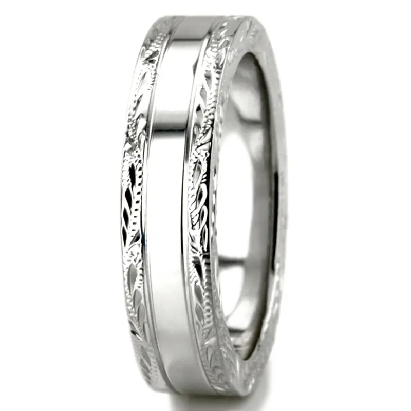 18K white gold 5mm. high polish fancy-carved-hand-engraved-wedding-band - alternate view 10