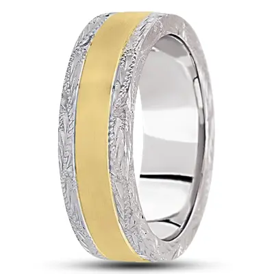 10K white-yellow-white gold 7mm. satin fancy-carved-hand-engraved-wedding-band - alternate view 11 thumbnail